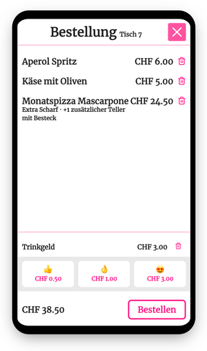 Ein Gast hat eine Bestellung in der App zusammengestellt.