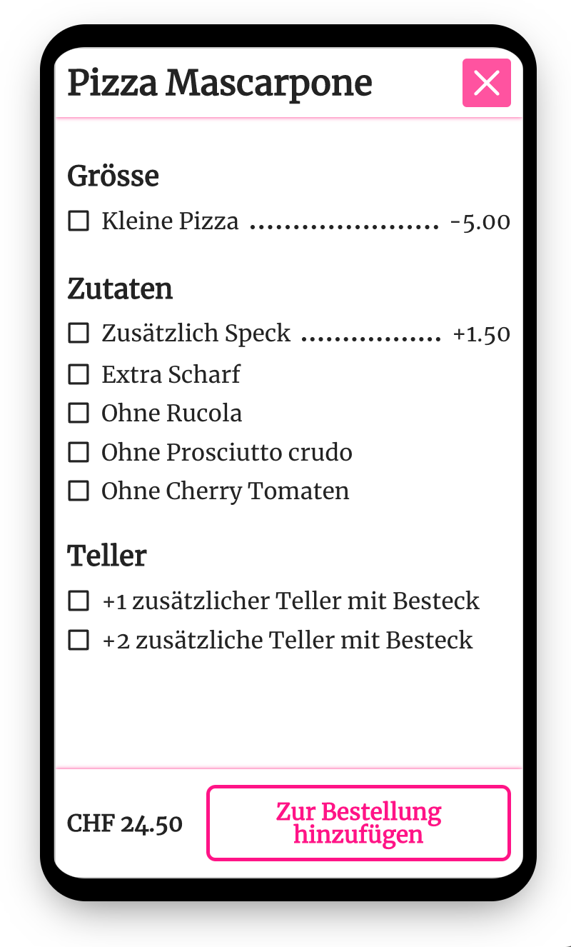 Optionen für eine Pizza. Kleine Pizza, mehr Zutaten, weitere Teller