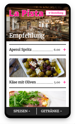 Speisekarte in Restaurant Bestell App.