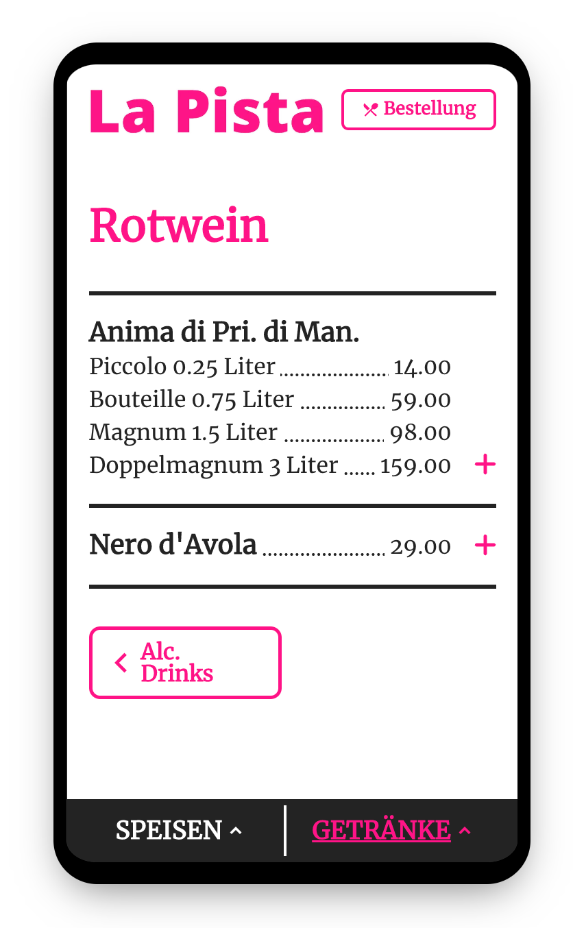 Different amounts of the same wine and their price is displayed directly on the menu.
